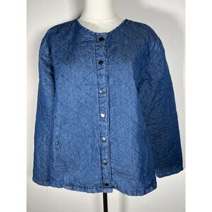 Vermont Country Store Y2K denim quilted preppy crewneck full zip jacket L retro